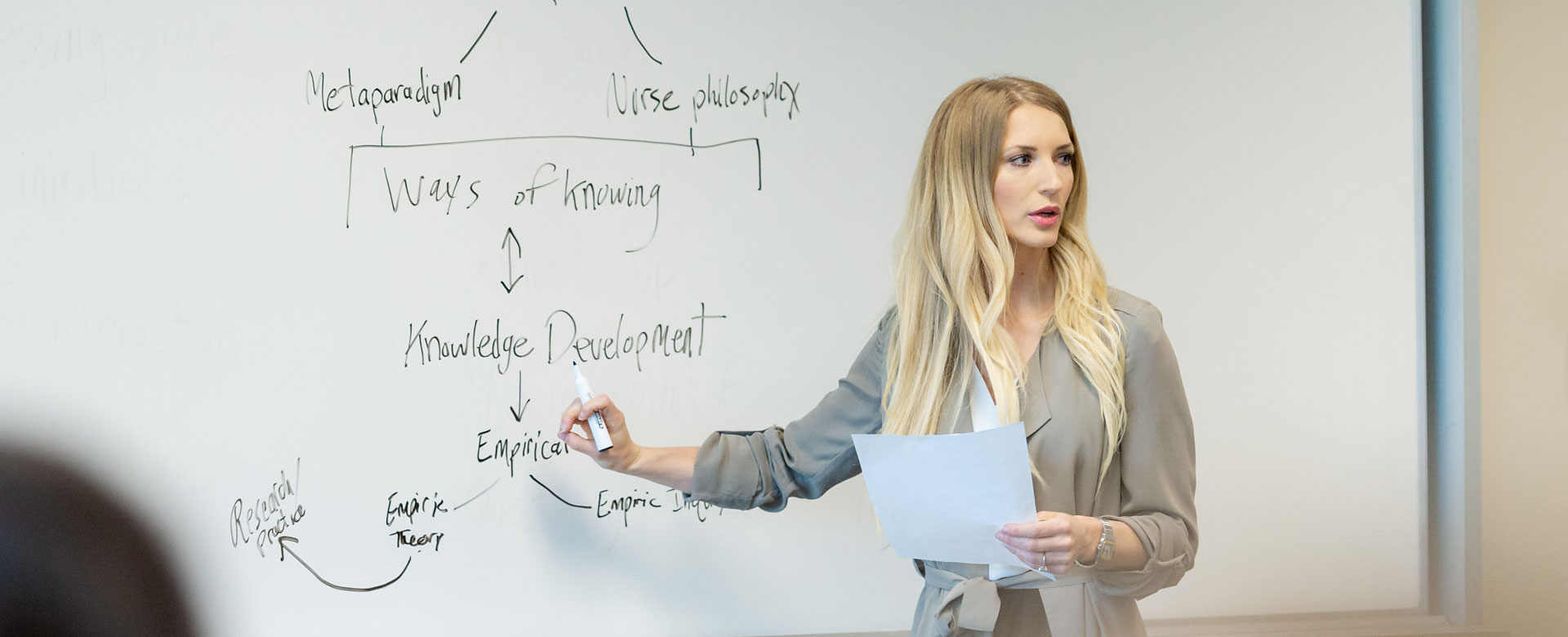 An instructor writing on a white board in a classroom