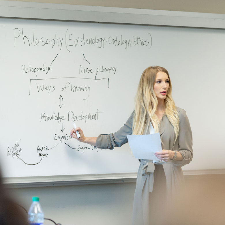 An instructor writing on a white board in a classroom